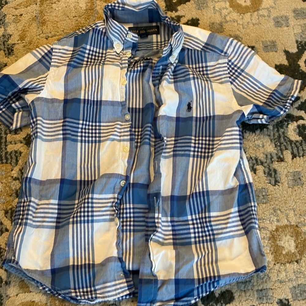 Ralph Lauren Blue and White Plaid Short-Sleeve Button-Down Shirt